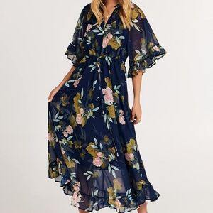 Floral Navy Maxi Dress with Ruffle Sleeves XL NWT